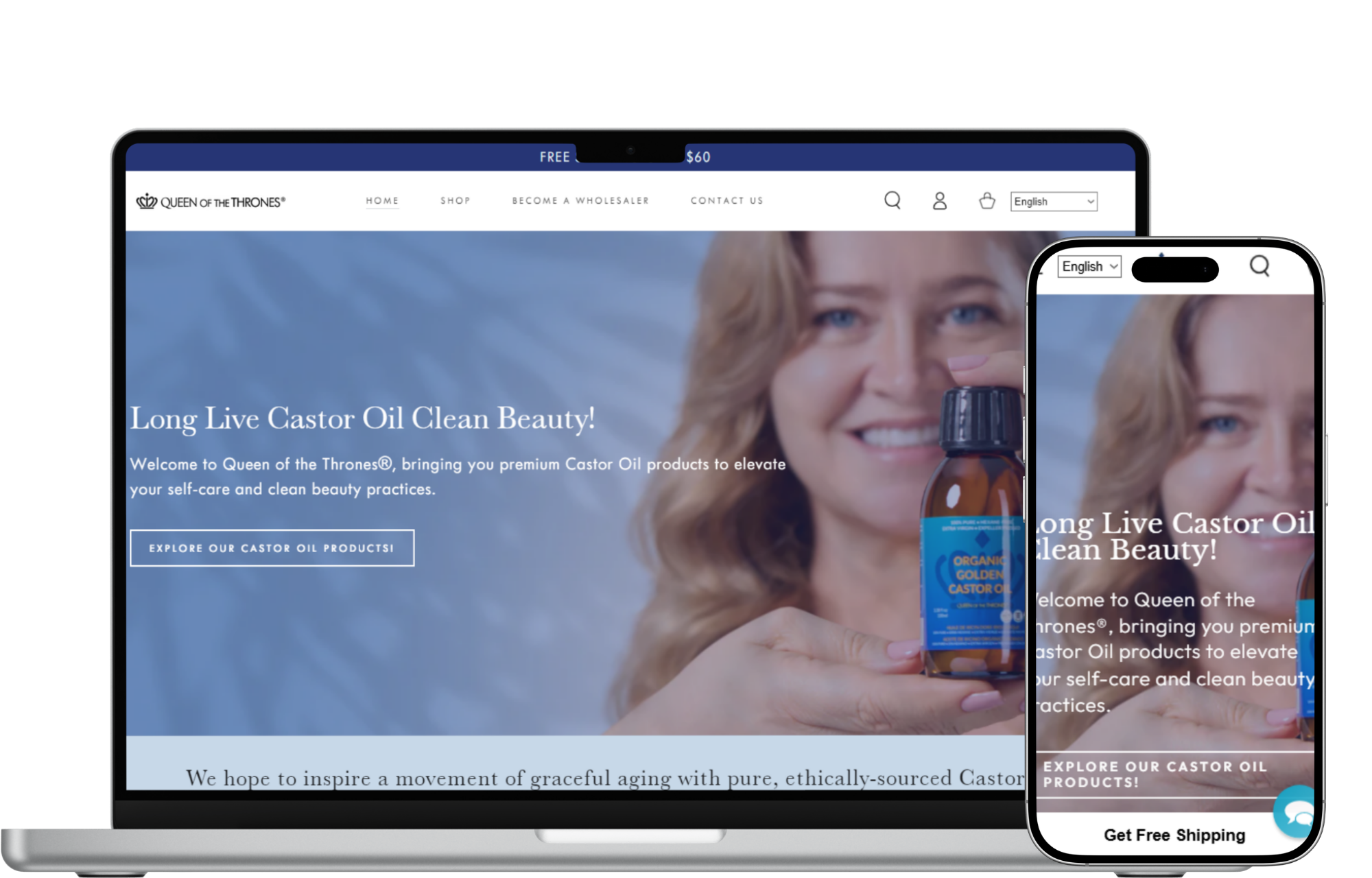 Queen of the Thrones website mockup on laptop and phone
